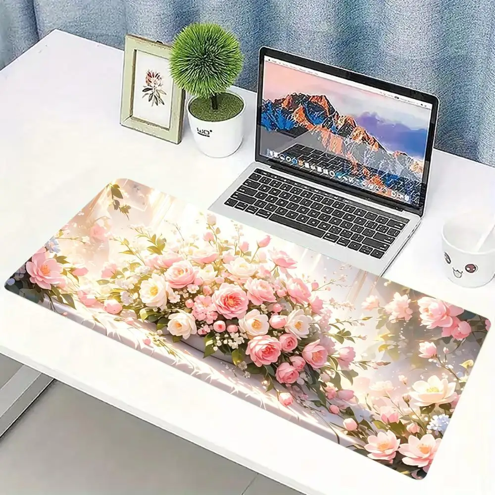 Light Pink Rose Floral Extended Gaming Mouse Pad Anti-slip Desk Mat Stitched Edge Aesthetic Decor for PC Gamer Office Corner