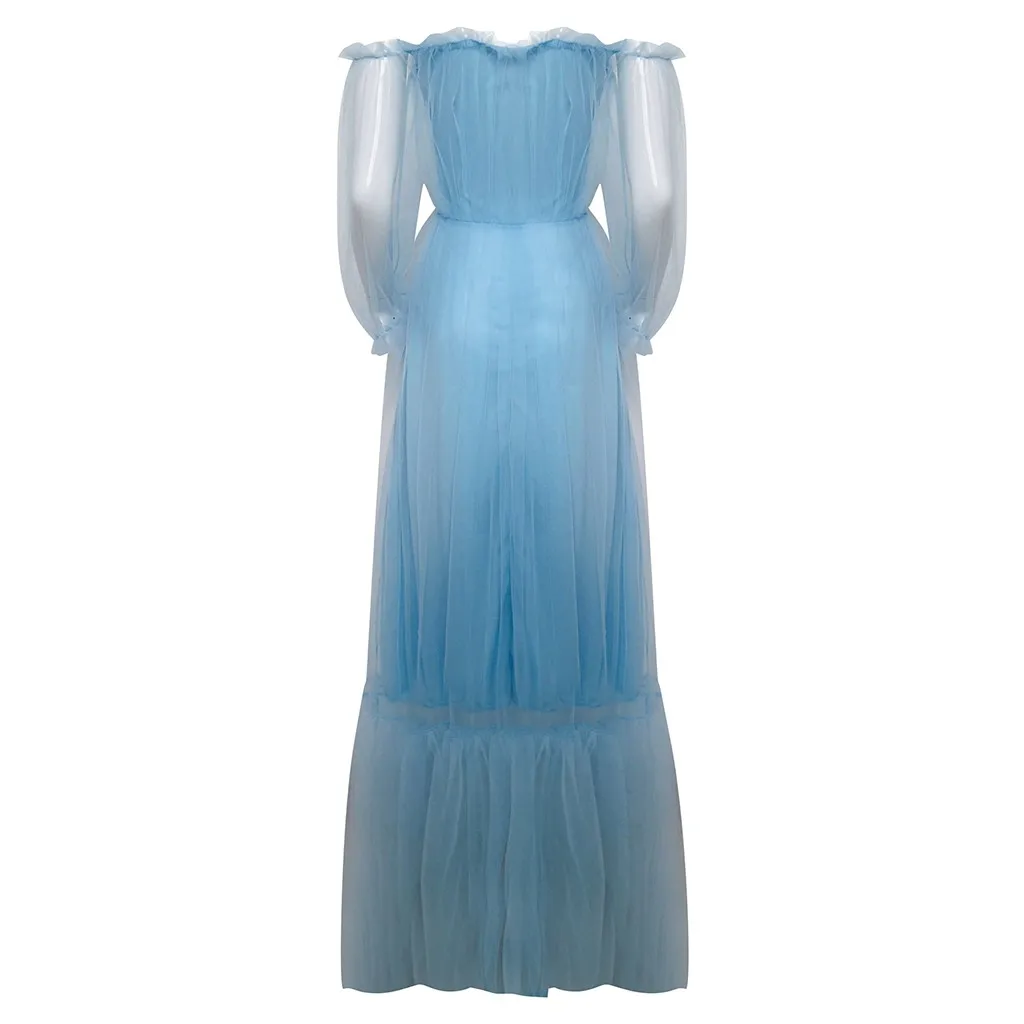 Elegante cor sólida malha vestido de baile slash neck tule chá comprimento fairycore festa de casamento vestido de formatura