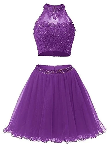 

Two Pieces 1950S High Neck Homecoming Dresses Sexy Hollow Back Beading Tulle Short Cute 8th Grade Graduation Dresses Plus Size