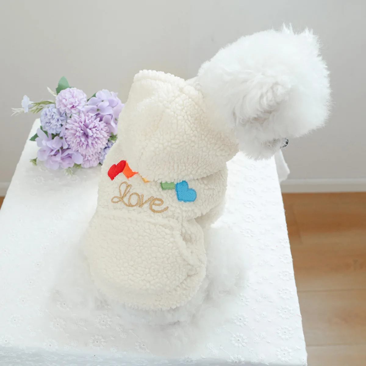 Pet Love Lamb Fleece Coat Clothes Dog Hoodie Coat Cat Clothing Rainbow Love Plush Coat Dog Clothes for Small Dogs Puppy