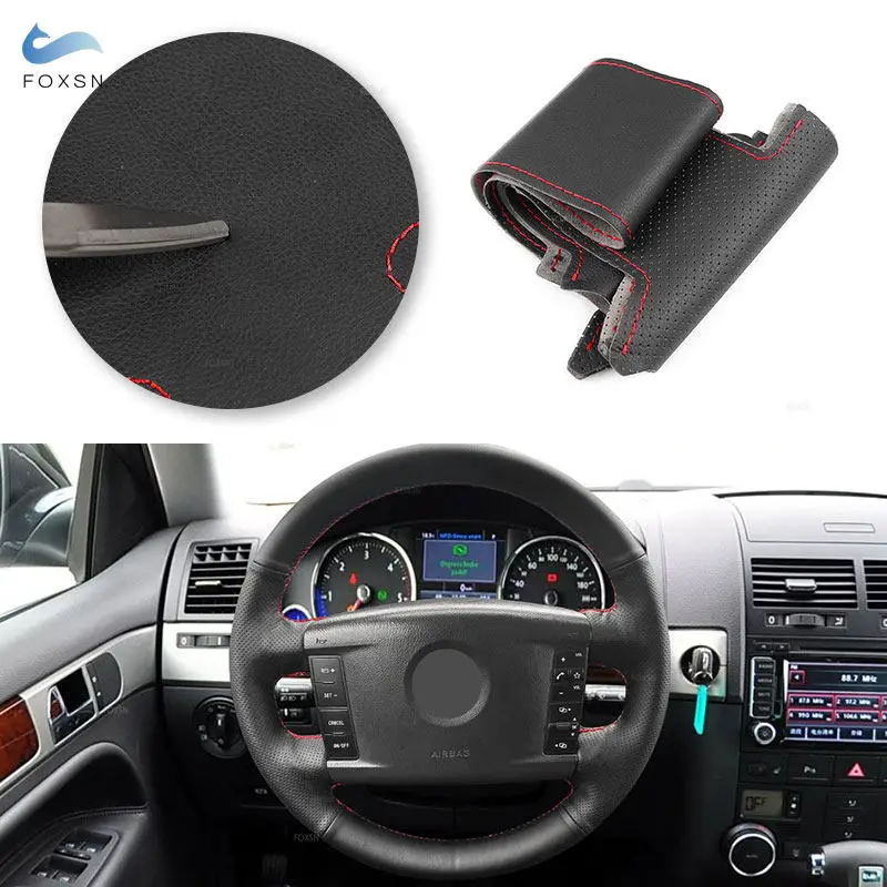 Hand Sewing Car Steering Wheel Cover For VW Touareg Phaeton 2002 2003 2004 2005 2006 2007 2008 2009 2010 Perforated Leather Trim