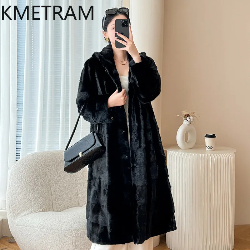 Damska kurtka z naturalnego futra norek, czarna, długa, prawdziwe futro z kapturem, wysokiej jakości zimowa odzież damska, futrzane kurtki 2025 Fourrure