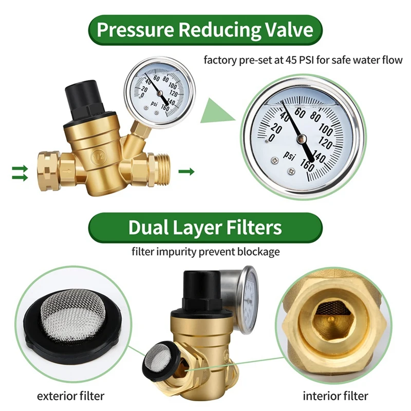 1 Piece Adjustable Water Pressure Reducer Pressure Regulator Valve With Gauge And Inlet Screen Filter, Brass Lead-Free