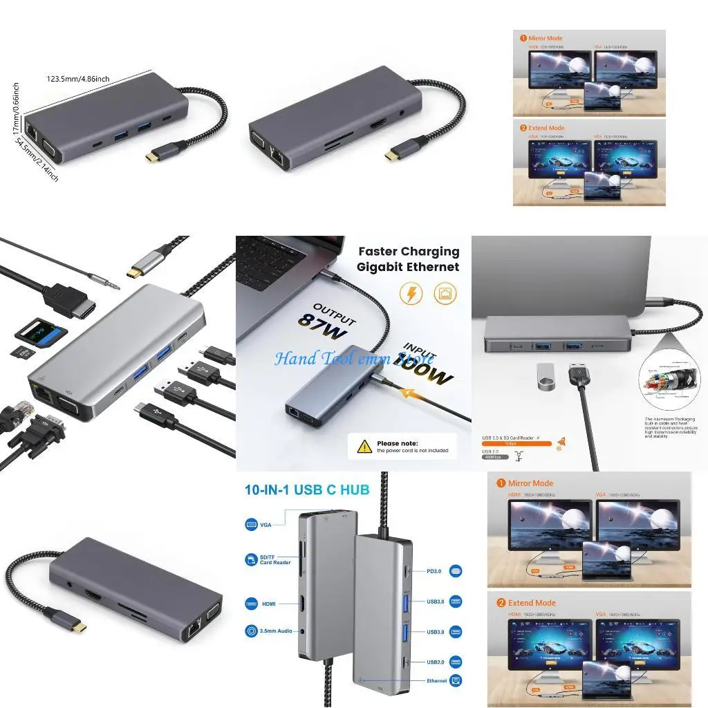 

H37F Тип C Адаптер 10 в 1 Многофункциональный HDTV VGA Ethernet TF Card Station