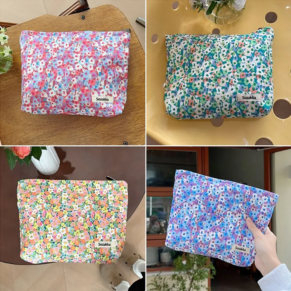 

Fashion Corduroy Makeup Bag Floral Pattern Travel Organizer Clutch Bag Large Capacity Portable Storage Bag