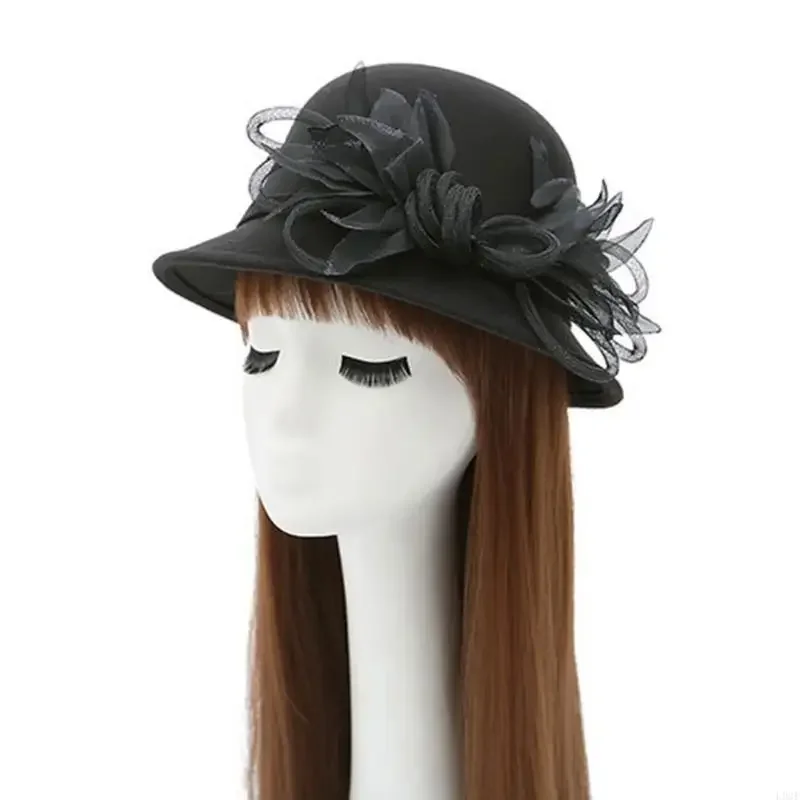 L93F Handmade Bucket Hat Flower Decorated for Church Tea Party for Girls Women Court Miss Bowler Hat with Flower Tulle