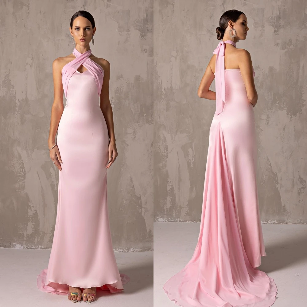 

Jiayigong Satin Draped Pleat Clubbing Sheath Halter Bespoke Occasion Gown Long Sleeve Dresses