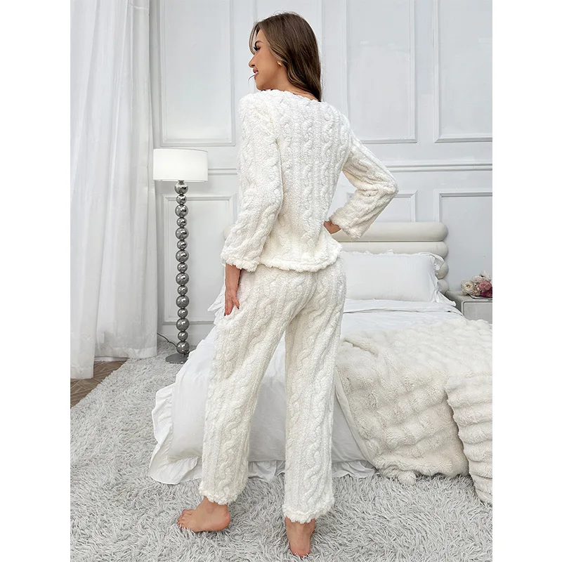 Winter Women Pajamas Set Jacquard Fluffy Lady Sleepwear Elegant Plain White V-neck Lapel Thermal Pijamas Casual Nightwear