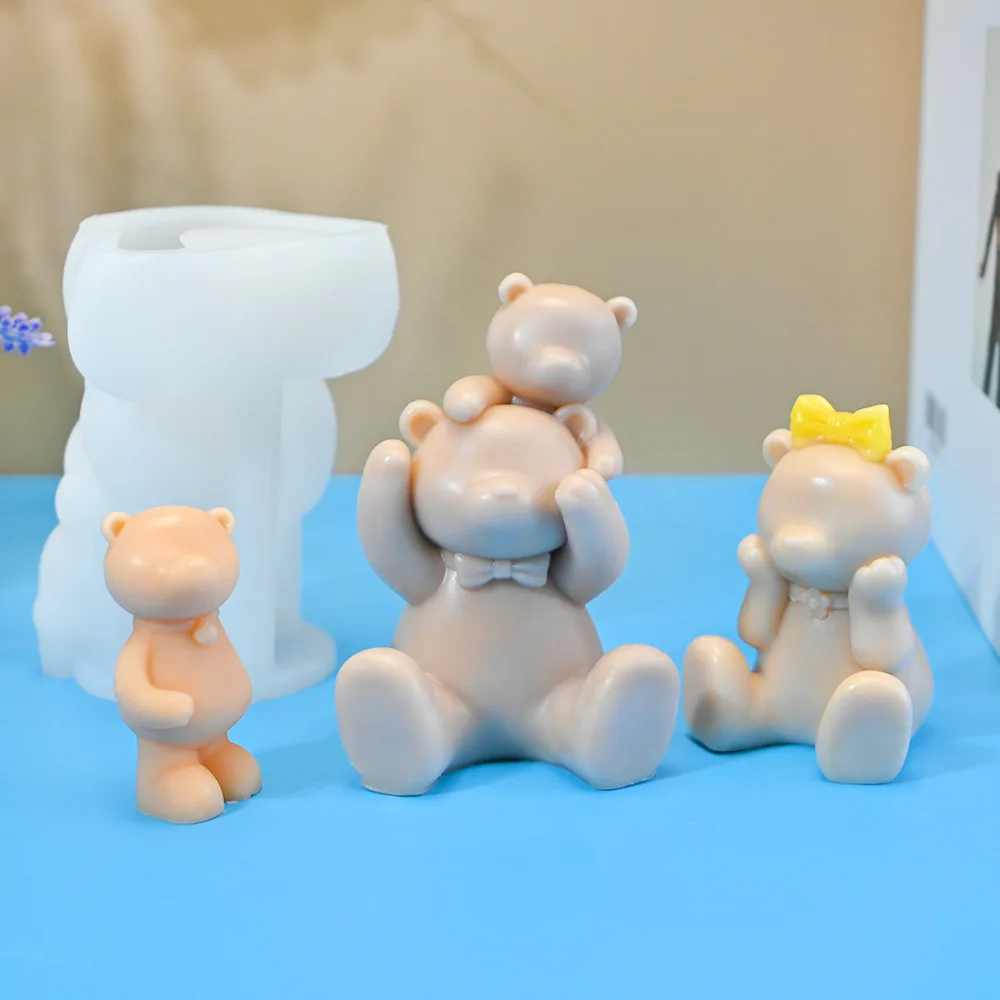 DIY New Cartoon Bear Candle Silicone Mold Bear Dad Bear Mom Aromatherapy Gypsum Pendant Cake Baking Tool Birthday Party Gift