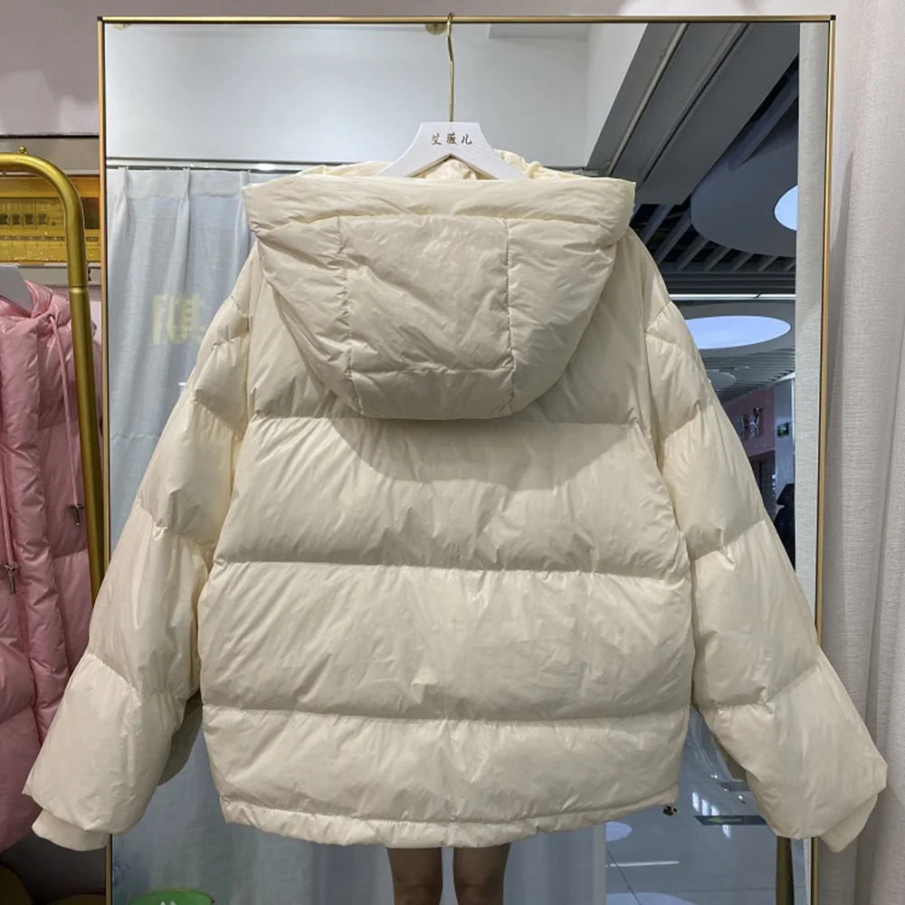 Short Winter Women Bubble Coat 90% White Duck Down Puffer Jacket Warm Hooded Parkas Snow Outwear