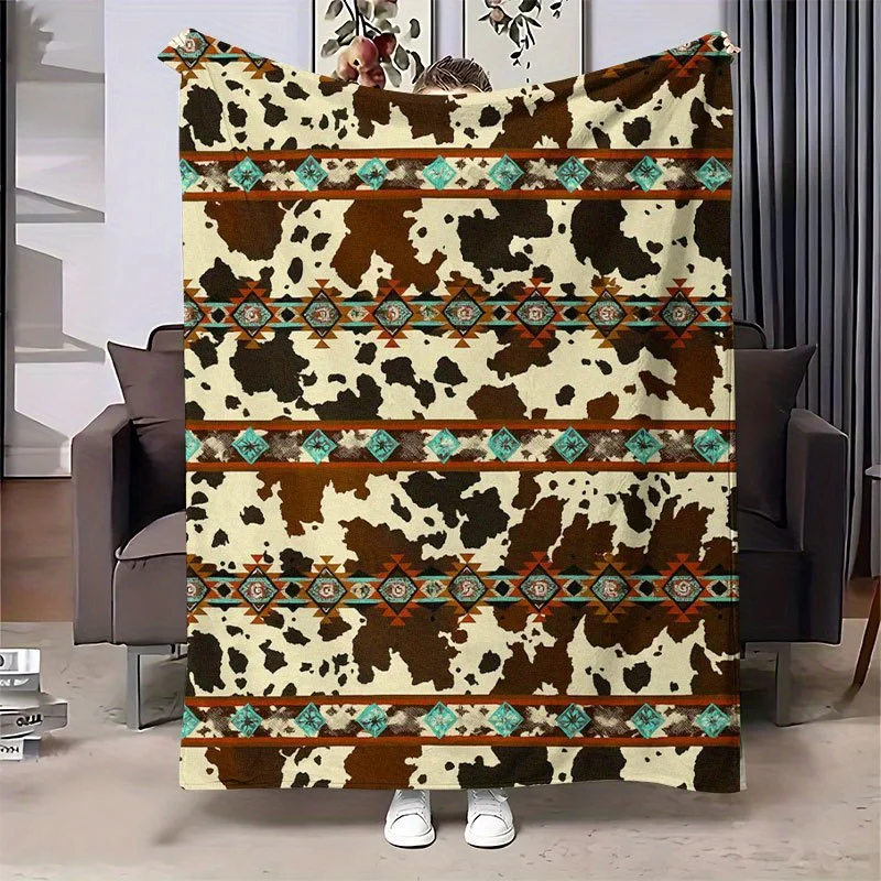 Cream Cow Print Teal Aztec Geometric Stripe Flannel Throw Blanket, Soft Blanket For Sofa Room, Western Ethnic Home Decor Gift
