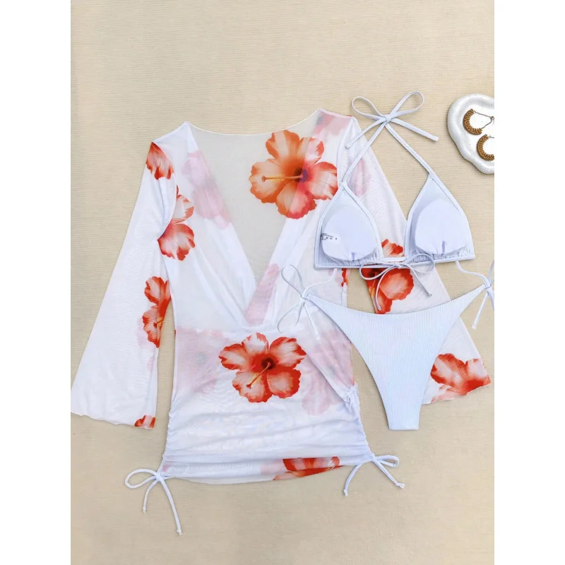 Beach Three-Piece Long-Sleeved Blouse Bikini Split Swimsuit for Women2025New Year Hot Sale