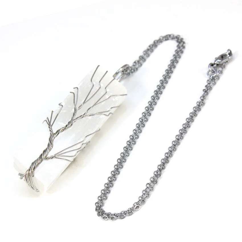 Copper Wire Wrapped Necklace For Women Men Natural Selenite Quartz Crystal Tree of Life White Color Selenite Stone Pendant Chain view 4