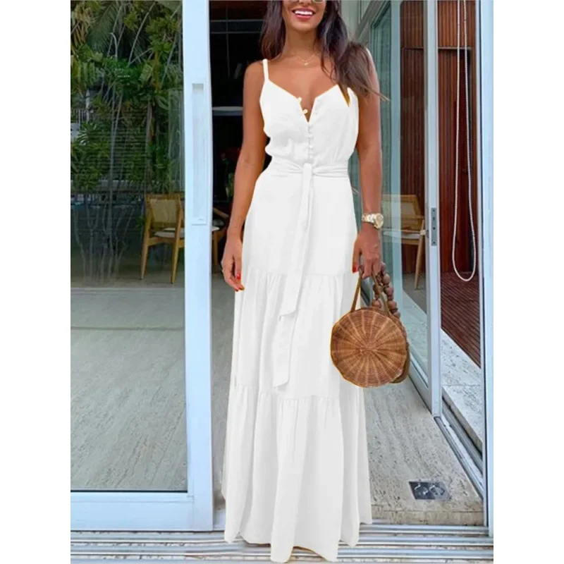 2025 신사 숙녀 패션 v 넥 스파게티 스트랩 드레스 여성 여름 Boho 민소매 우아한 레이디 캐주얼 Maxi BeBear House 002