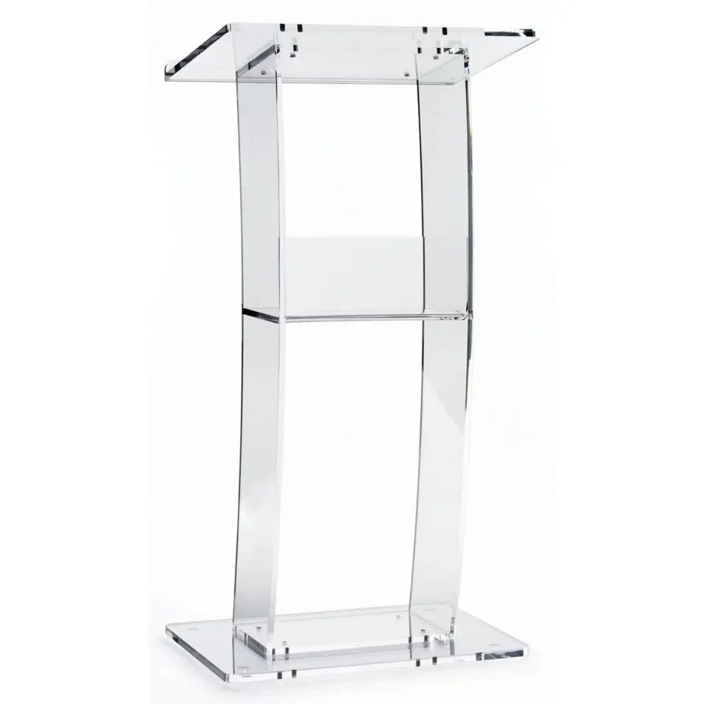 Open Back Curved Clear Lectern Pulpit Stand Acrylic Podium For Floor With Storage Shelf
