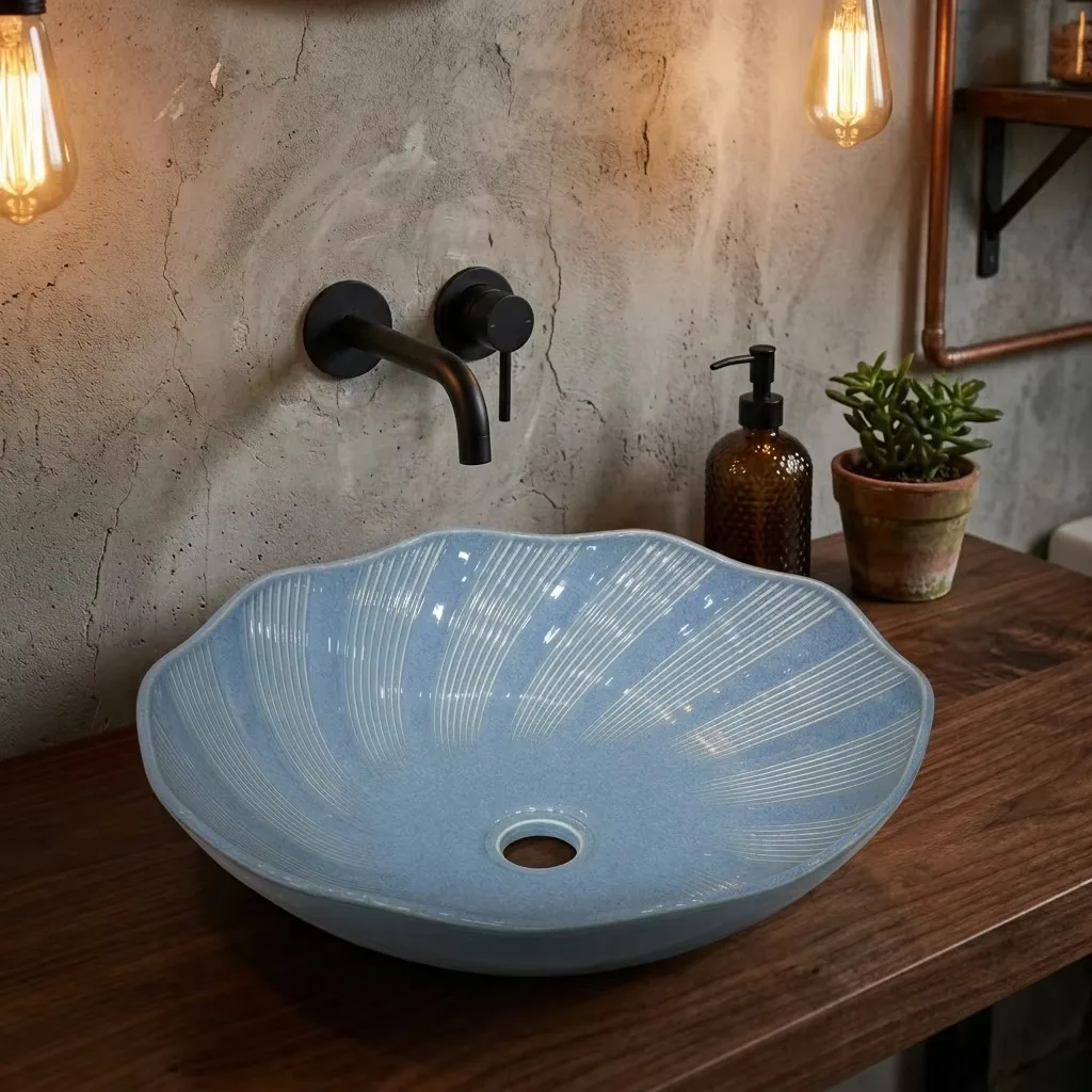 R*# Luxury Modern Sky Blue Flower-Shaped Ceramic Eco-Friendly Art Basin for Bathroom & Hotel Use