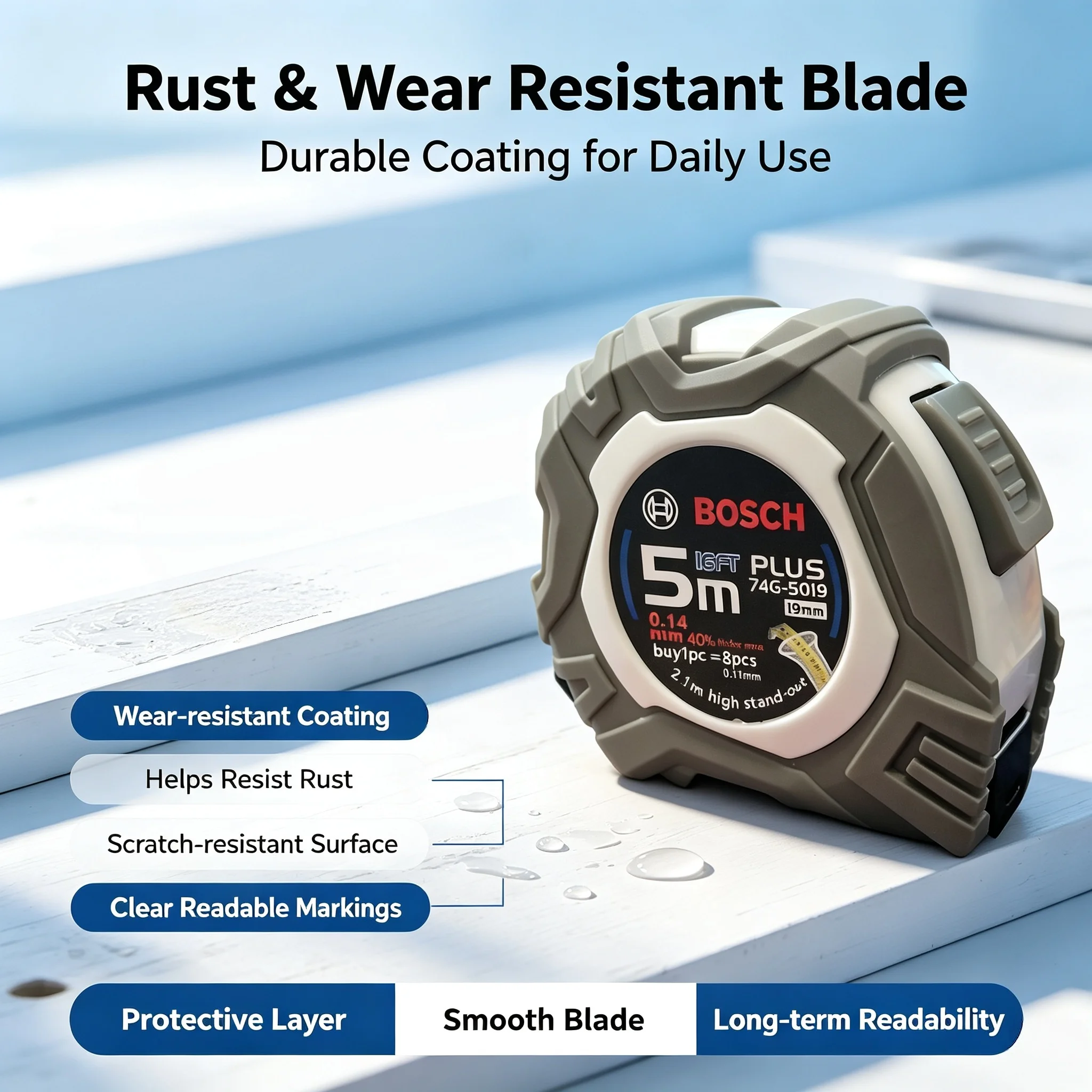 Bosch 5M Steel Tape Measure, Reinforced Metal Blade & Shockproof Case, Measuring Tape for Construction and Household Measurement