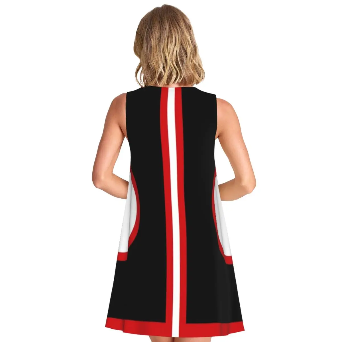 Sixties Mod Red Black And White Women's Sleeveless Seaside Walk Satin Dress French Polka Dot Dress
