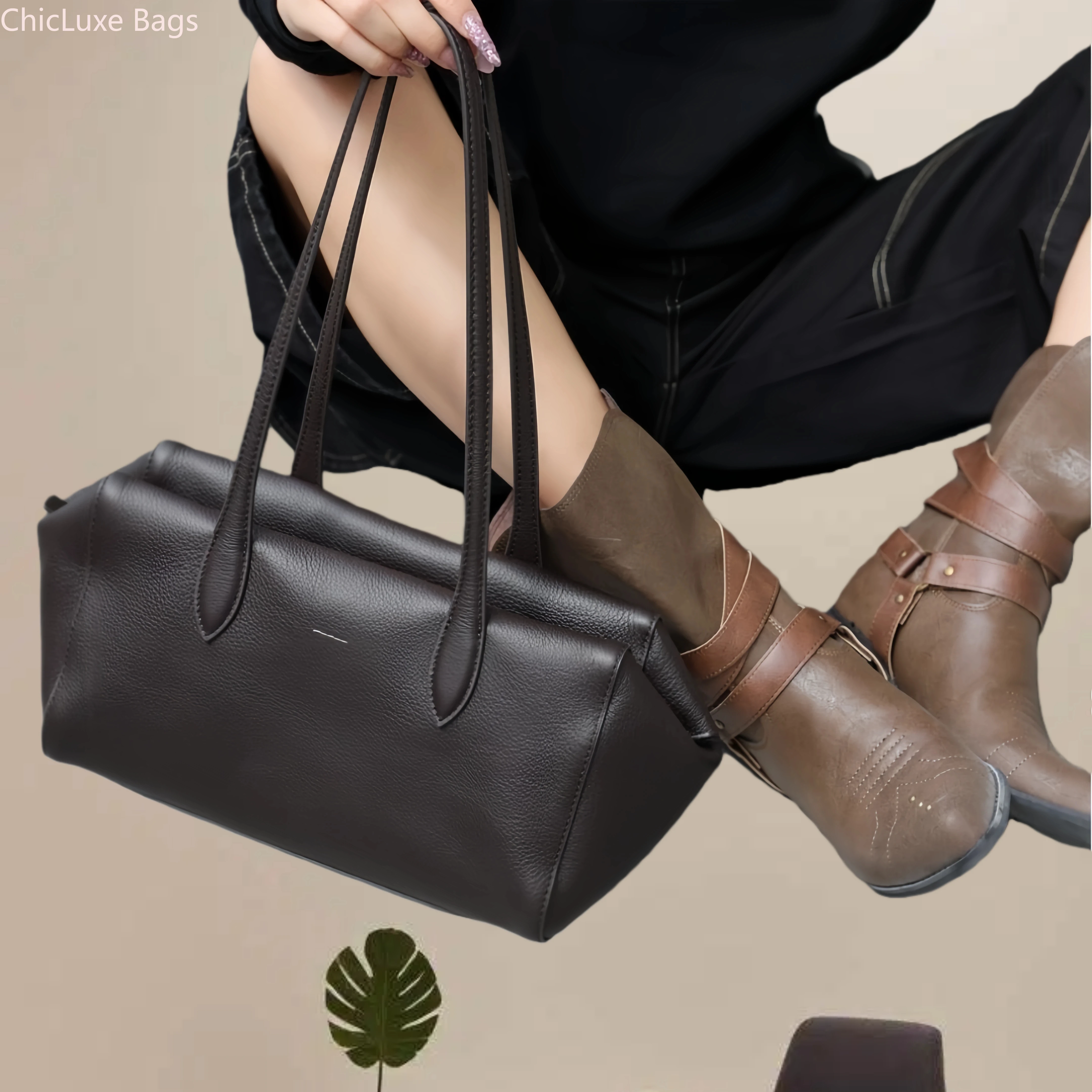 New Autumn Winter Women's Bowling Bag Genuine Leather Large Capacity Boston Shoulder Bag Minimalist Versatile Underarm Handbag