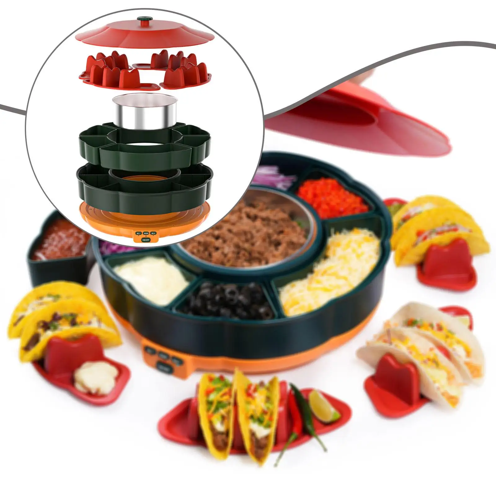 Premium Taco Bar Serving Set 4 Taco Holders Removable Buffet Trays Chafing Dishes for Birthday Celebration