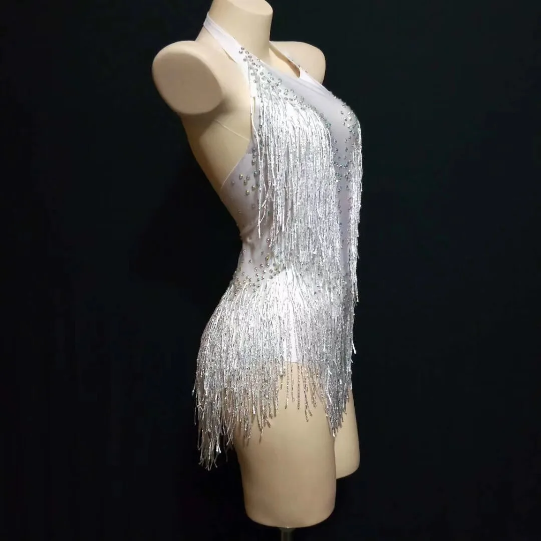 Body de cantante latino para mujer, leotardo blanco brillante con borla de diamantes de imitación, mono de club nocturno, ropa de escenario para espectáculo de baile DS, traje elástico