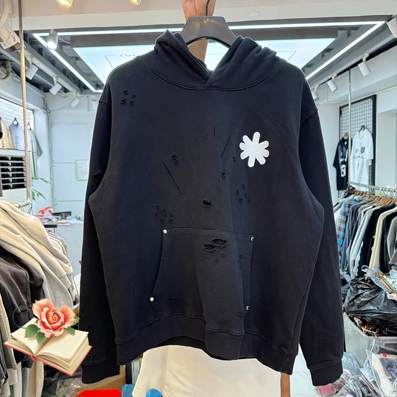

Men's Clothing Lost Shdws Hole Damaged Hoodie Black Gray Floral Embroidery Logo Men Women Washed Loose Casual Hooded Pullovers
