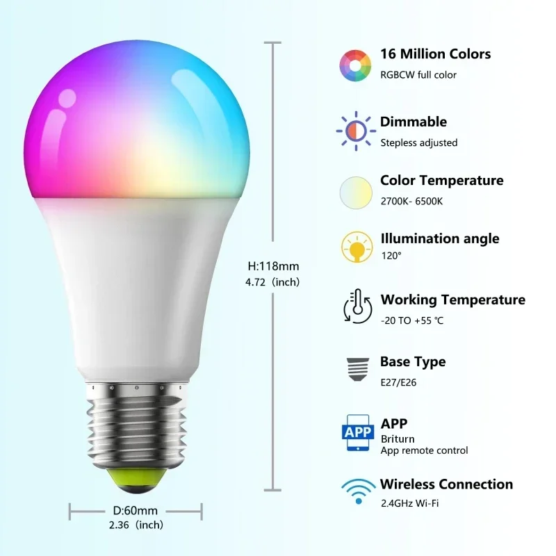 Ampoule intelligente WiFi E27 à intensité variable, RGBCW, lumière LED colorée 220V, réglage par app
