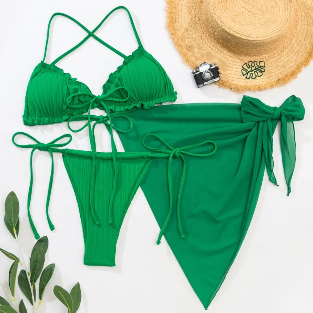 3 Stks/set Geplooide Ruches Trim Pads Draadvrije Bikini Cover Up Set Sling Bh Laagbouw Slips Rok Set Strandkleding