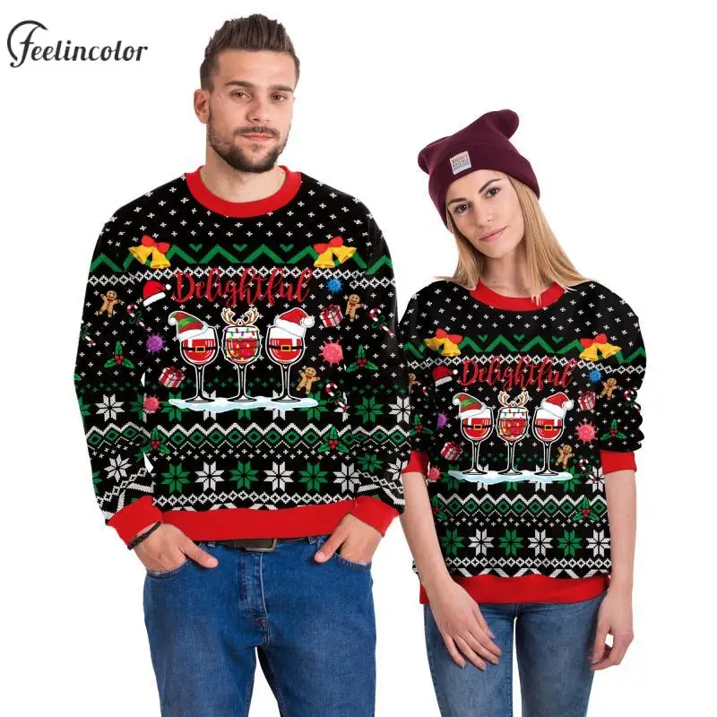 

The Bells Jingle Off Ugly Christmas Sweatshirt for Men Three Wine Glasses Graphic Pullover Ref O-Neck Hoodies Couple Streetwear