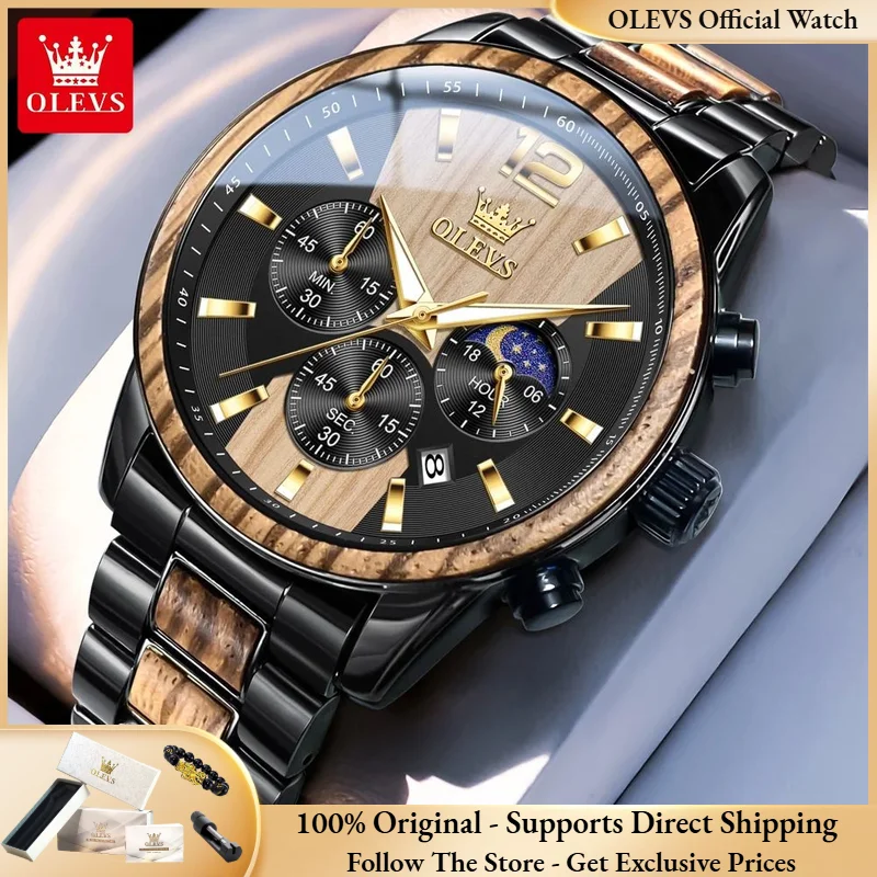 OLEVS 3645 Men Watch Original Unique Steel Wood Clock Multi functional Moonphase Timing Watch Luxury Brand Sports Quartz Watch