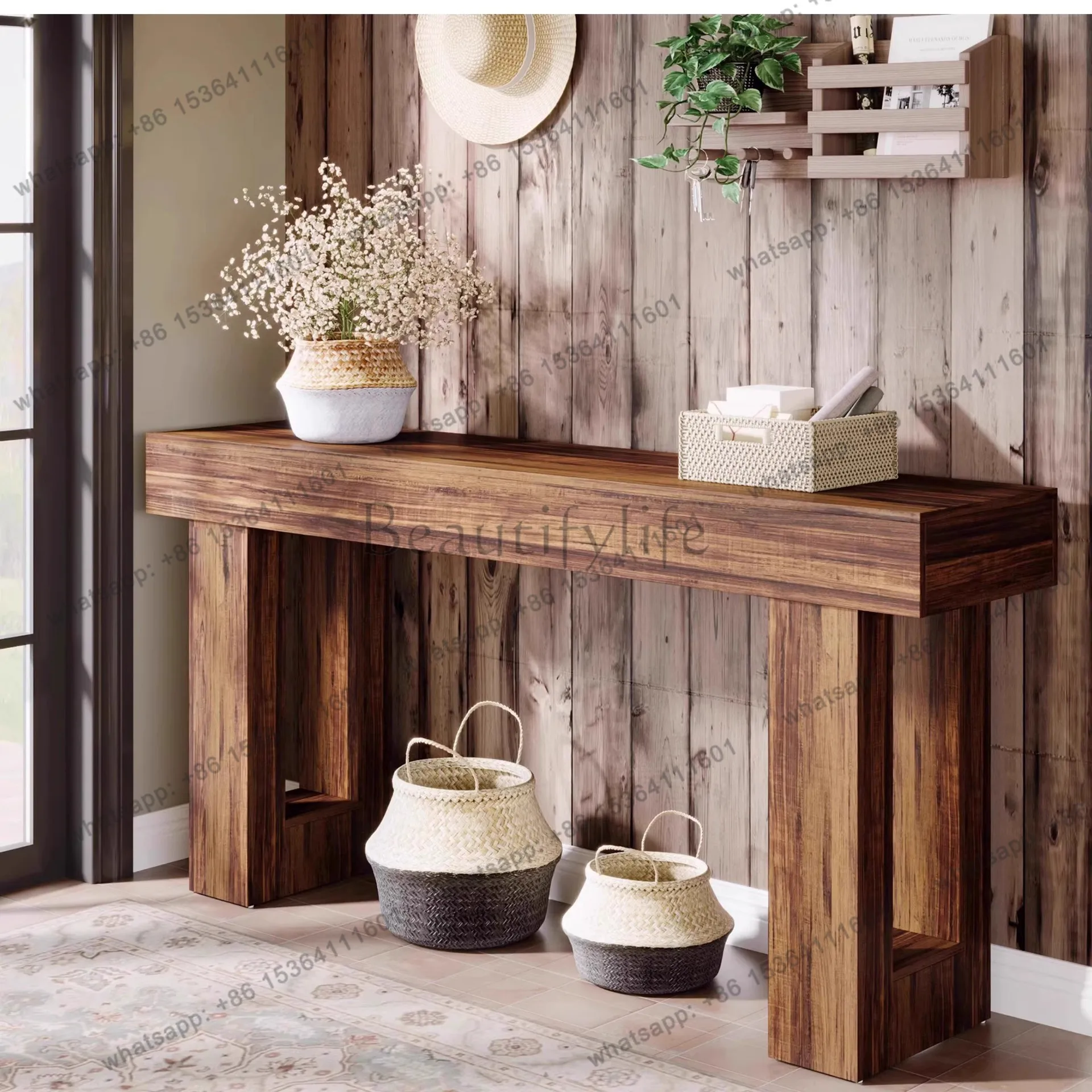 American retro solid wood entrance table wabi-sabi wind entry against the wall entrance table modern light luxury
