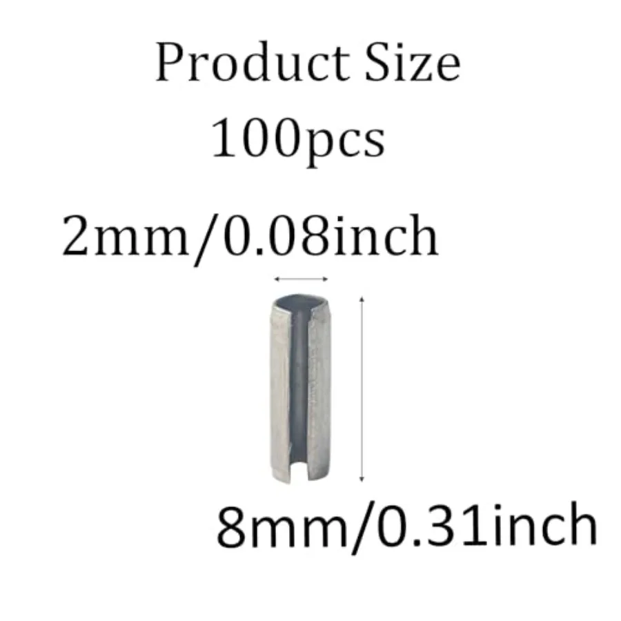 100Pcs Slotted Spring Pins, 304 Stainless Steel Split Roll Dowel Pins Plain Finish for Machinery, Automotive, DIY Repairs, and