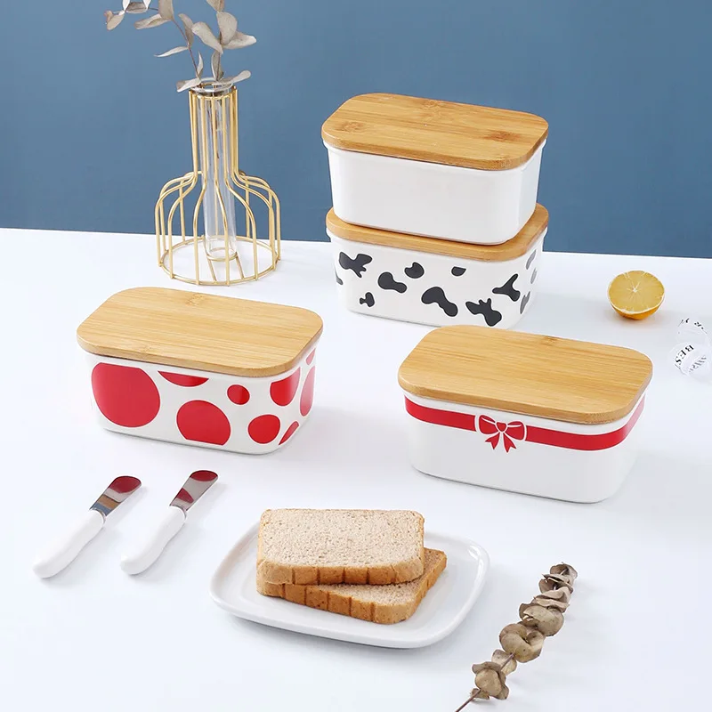 

Ceramic Butter box cake plate European butter box household dessert box fresh-keeping box with wooden cover set