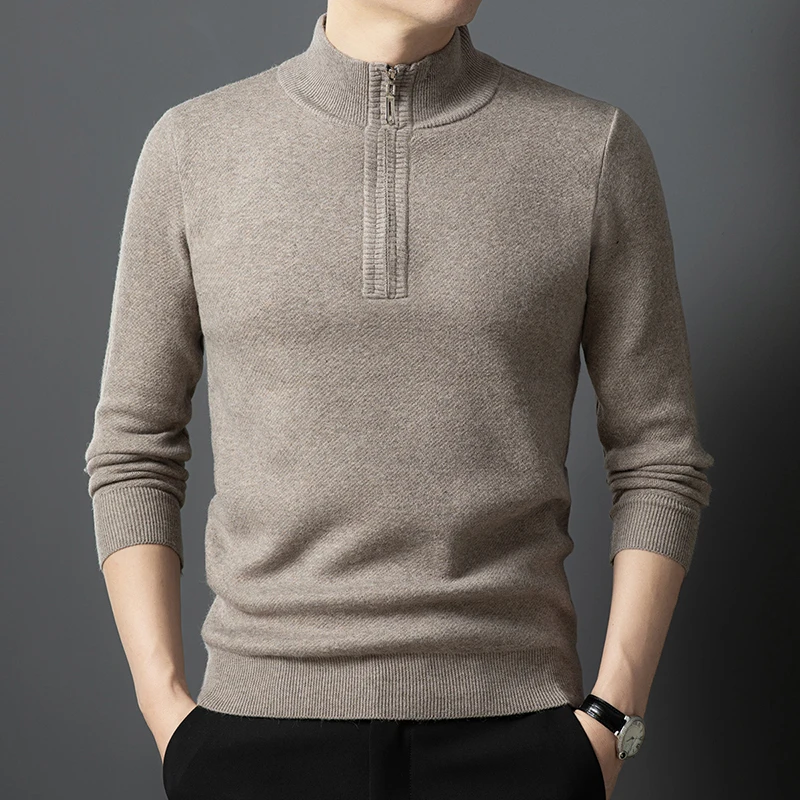 

Pure Wool Unlined Upper Garment of Autumn Winter Man Half A Turtle Neck Zipper Sweater Base Coat Collar Middle-aged and Young