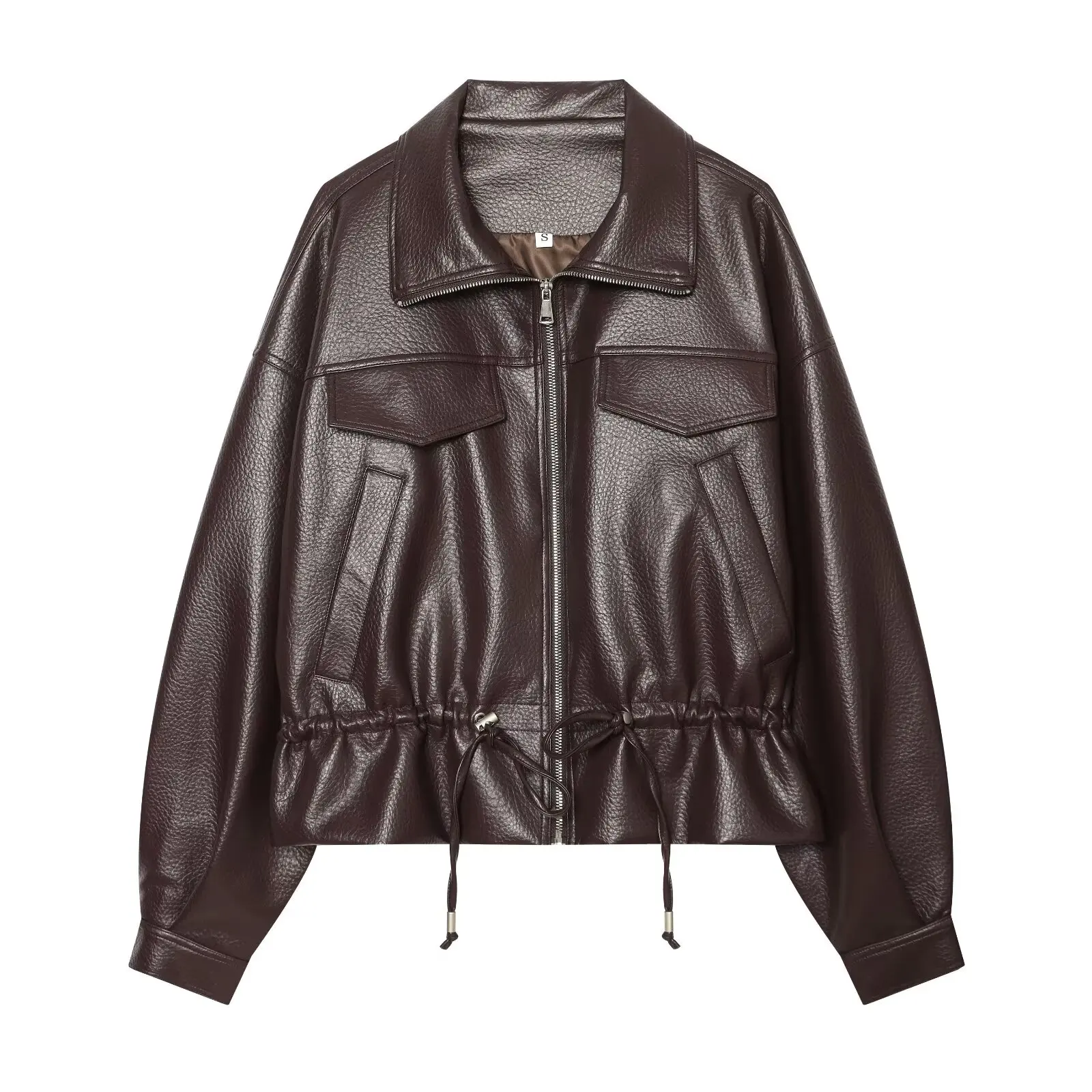 Women's Coffee Faux Leather Jakcets Autumn Winter Female Chic Waist With Drawstring Coats Spring Lady Long Sleeve Zipper Outwear
