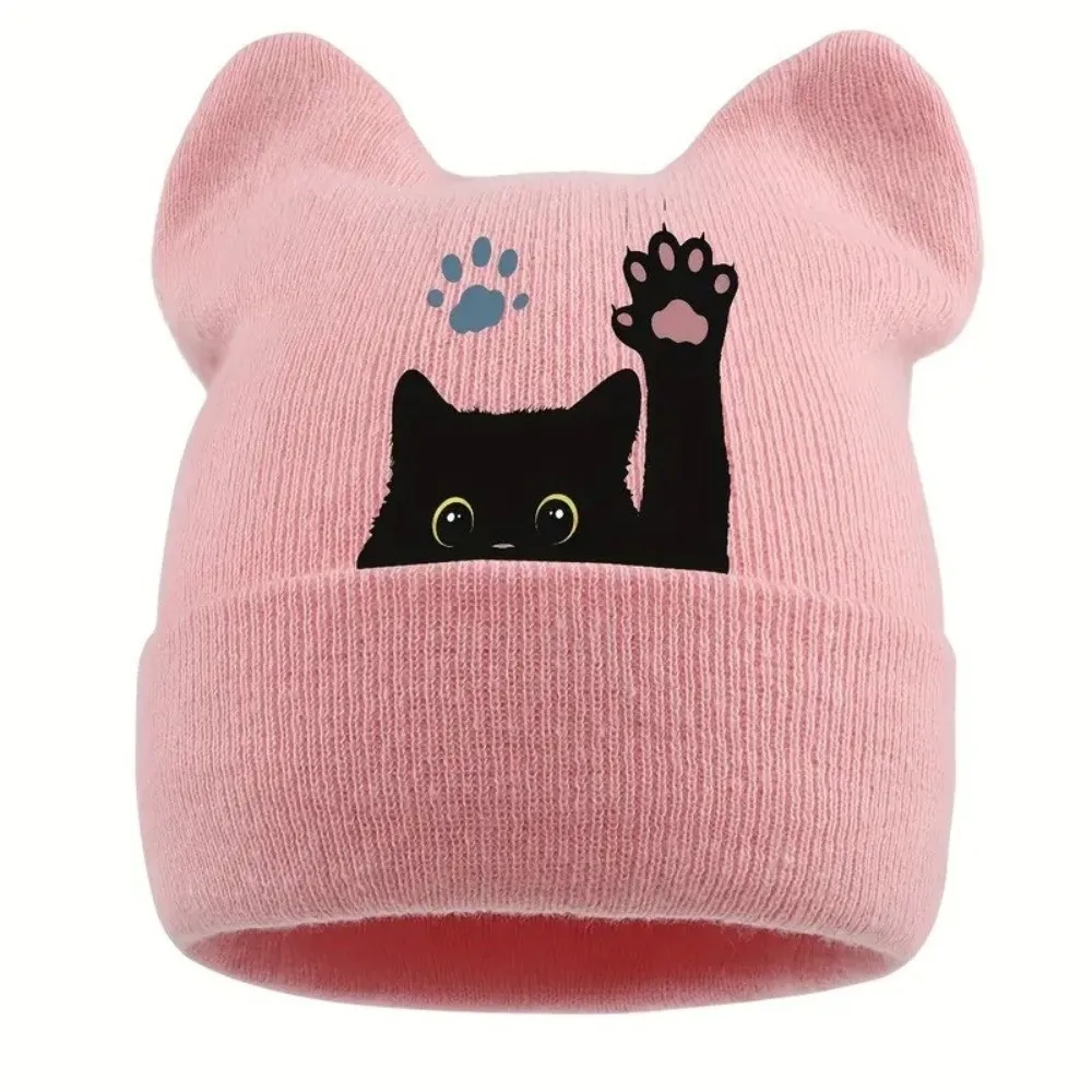 New Knit Cat Ear Beanie Hat Y2K Harajuku Stretchable Winter Knit Hat Punk Gothic Pullover Hat Casual Streetwear