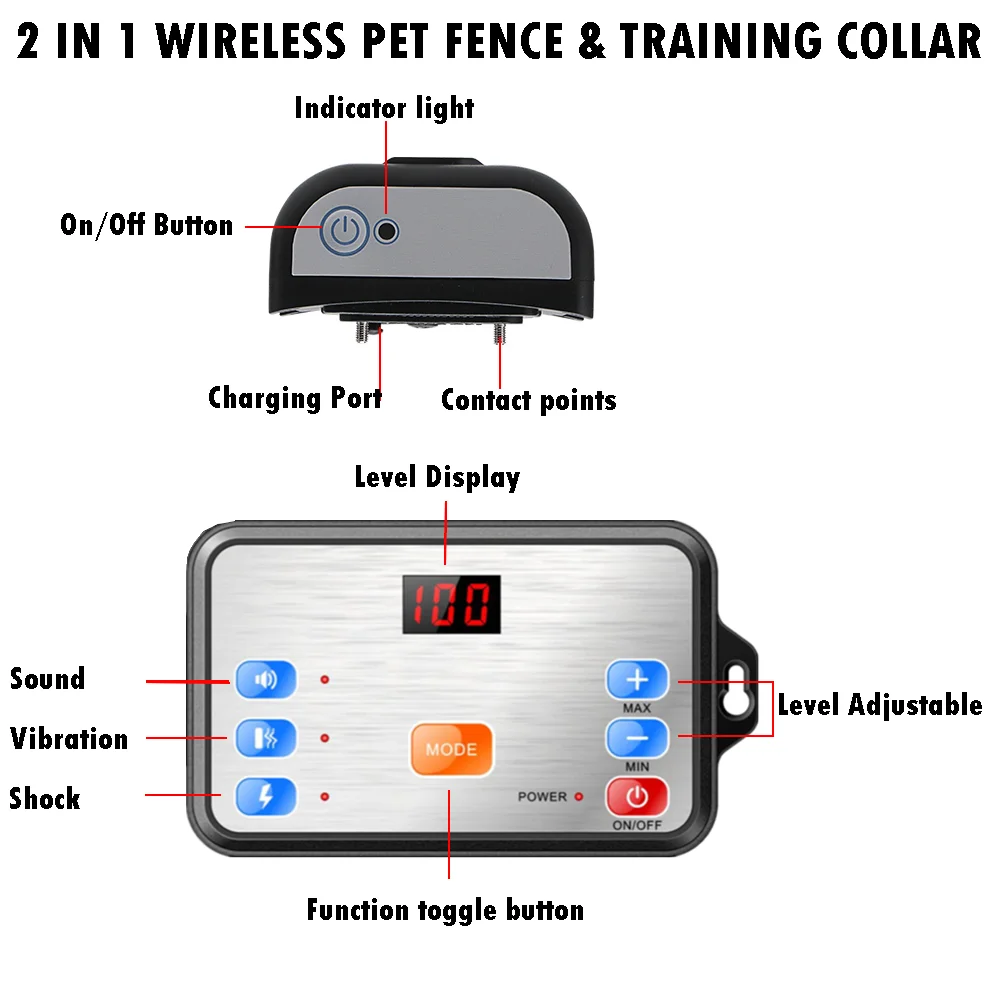 Upgrade 2 In 1 Wireless Electric Dog Fence Training Collar System Waterproof Rechargeable Electronic Pet Collar Anti-lost