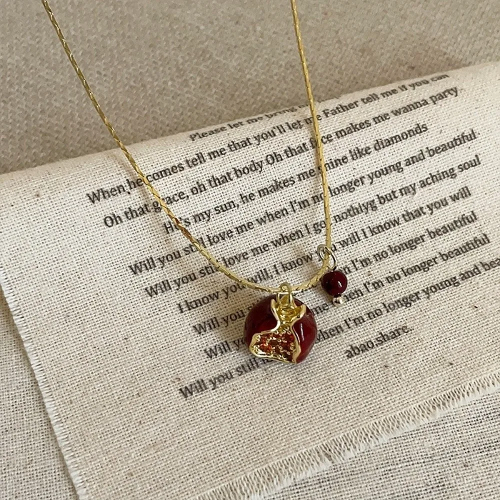 Trendy Red Pomegranate Pendant Necklace Cute Sweet Fruit Earrings Minimalist Delicate Clavicle Choker Women