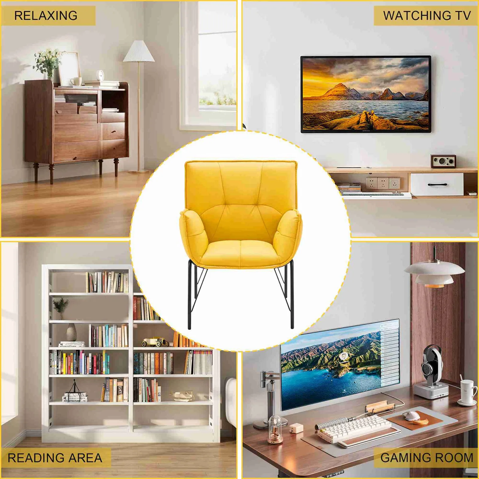 Chair Body Hugging Chair Metal Legs Faux  Sponge Filling Modern Chair For Reading Room Relaxing Room Yellow Lounge Accent Chair