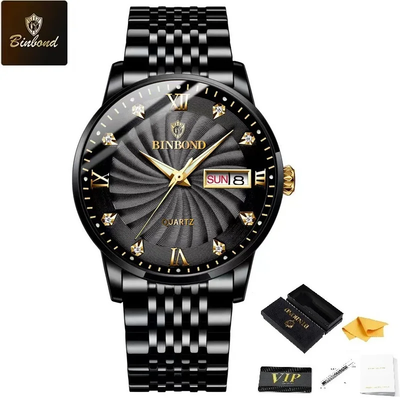 

BINBOND Fashionable Men's Quartz Watch Stainless Steel Strap Waterproof Watch Display Date and Week Night Light Indicator Needle