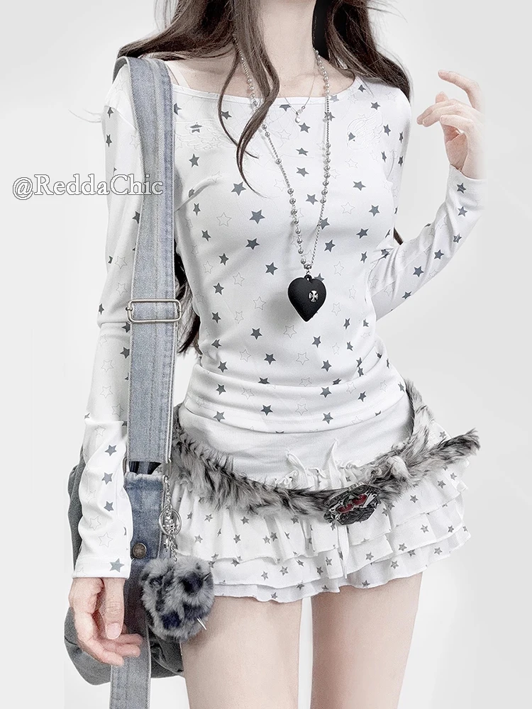 REDDACHiC Y2k Star White T-shirt Kawaii Angel Wing Embroidery Fitted Long Sleeve Pullover Tee Top Fall Aesthetic Women Clothes