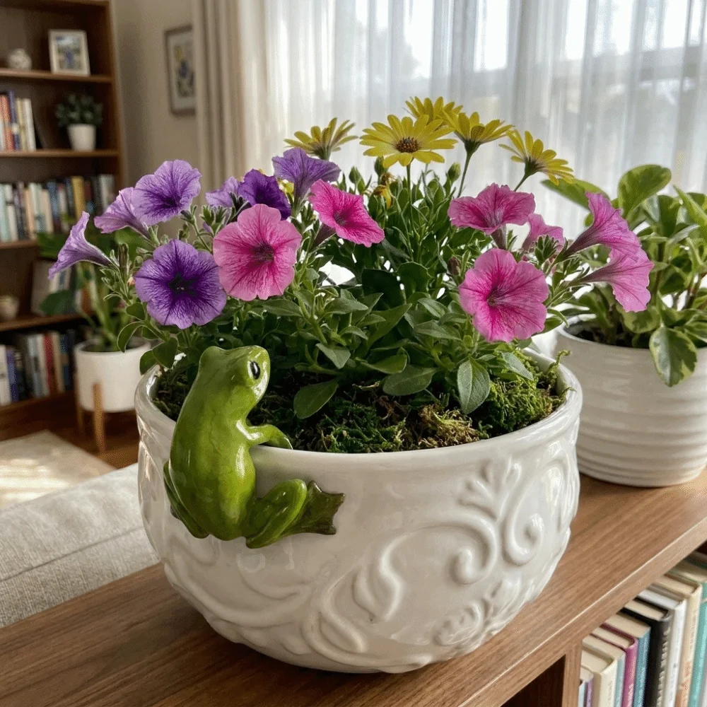 Cute Resin Frog Flower Shaped Pot Decoration Realistic Decorative Frog Statue Creative Garden Statue Bonsai Decor