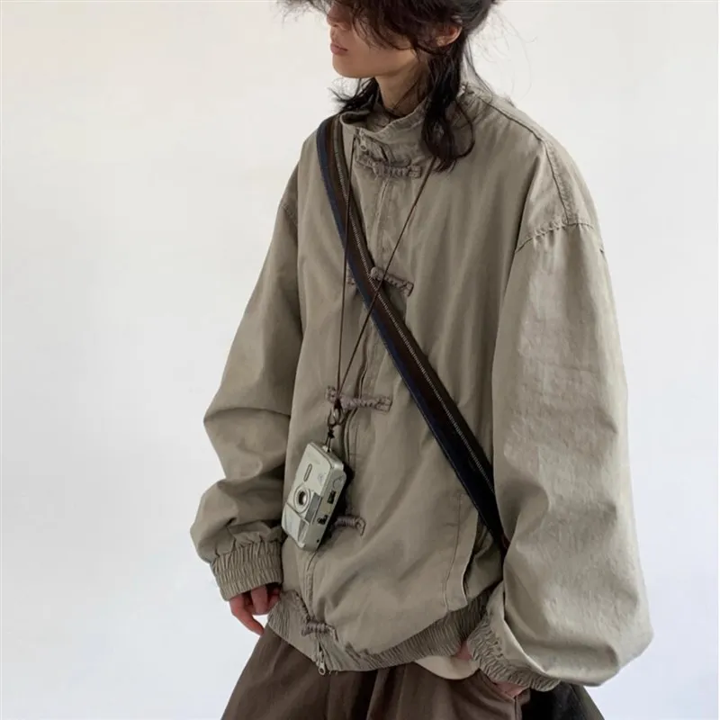 

Autumn New Chinese Sle Stand Collar Jaet ex Pure Color Retro Button Long Sve Top Coat for Men And Women