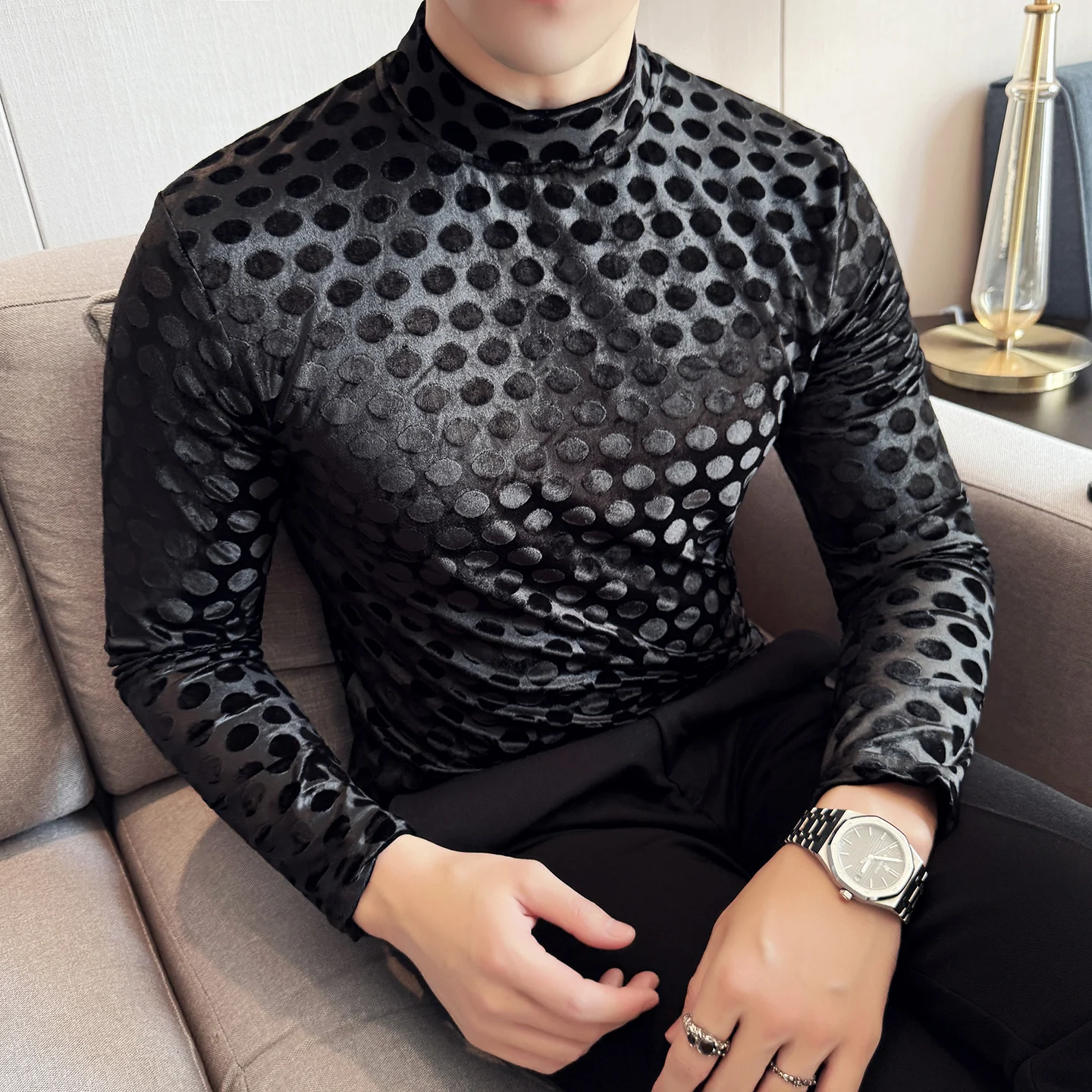 Autumn Winter Polka Dot Velvet T-shirt for Men Long Sleeve Half High Neck Slim Fit Casual Base Shirt Business Social Tee Tops