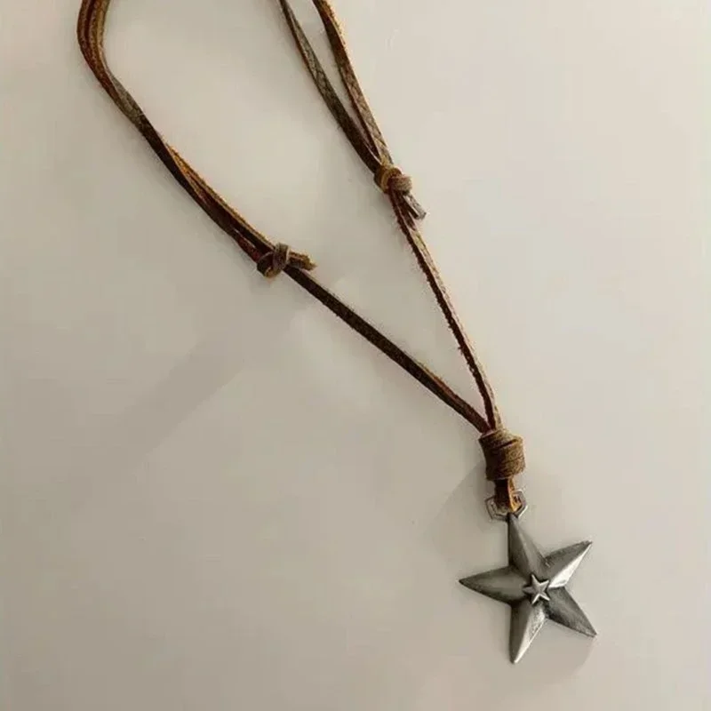 2024 Y2k Adjustable Leather Rope Pendant Necklace for Women Vintage Ethnic Style Boho Necklace Harajuku Jewelry Accessories