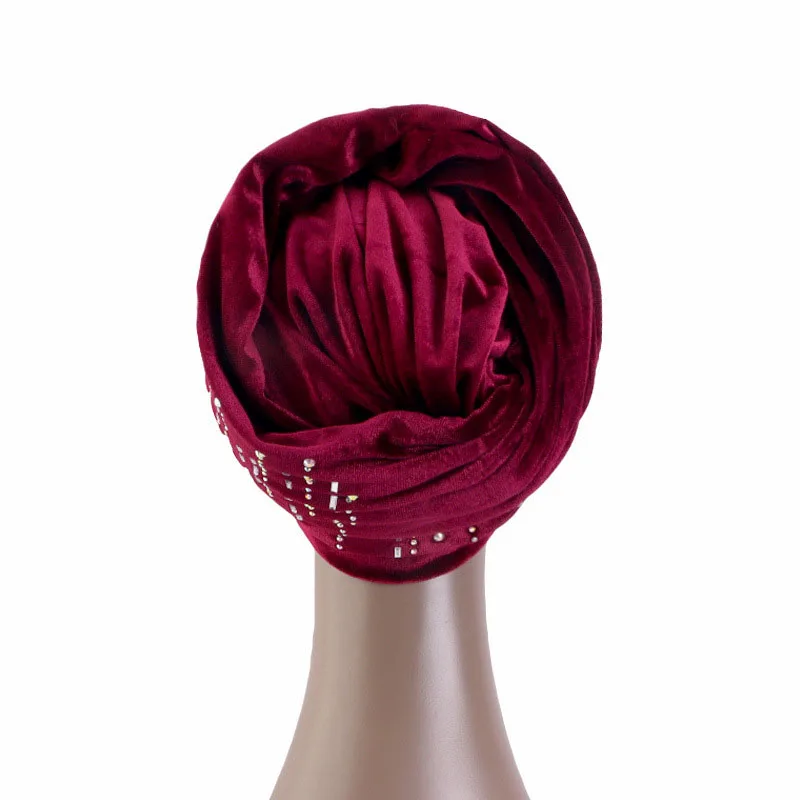 12pcs Plain Velvet Hijab Turban Cap Muslim Long Tailed Headscarf Hat Islamic Under Scarf Diamonds Bonnet African Wrap Head Scarf