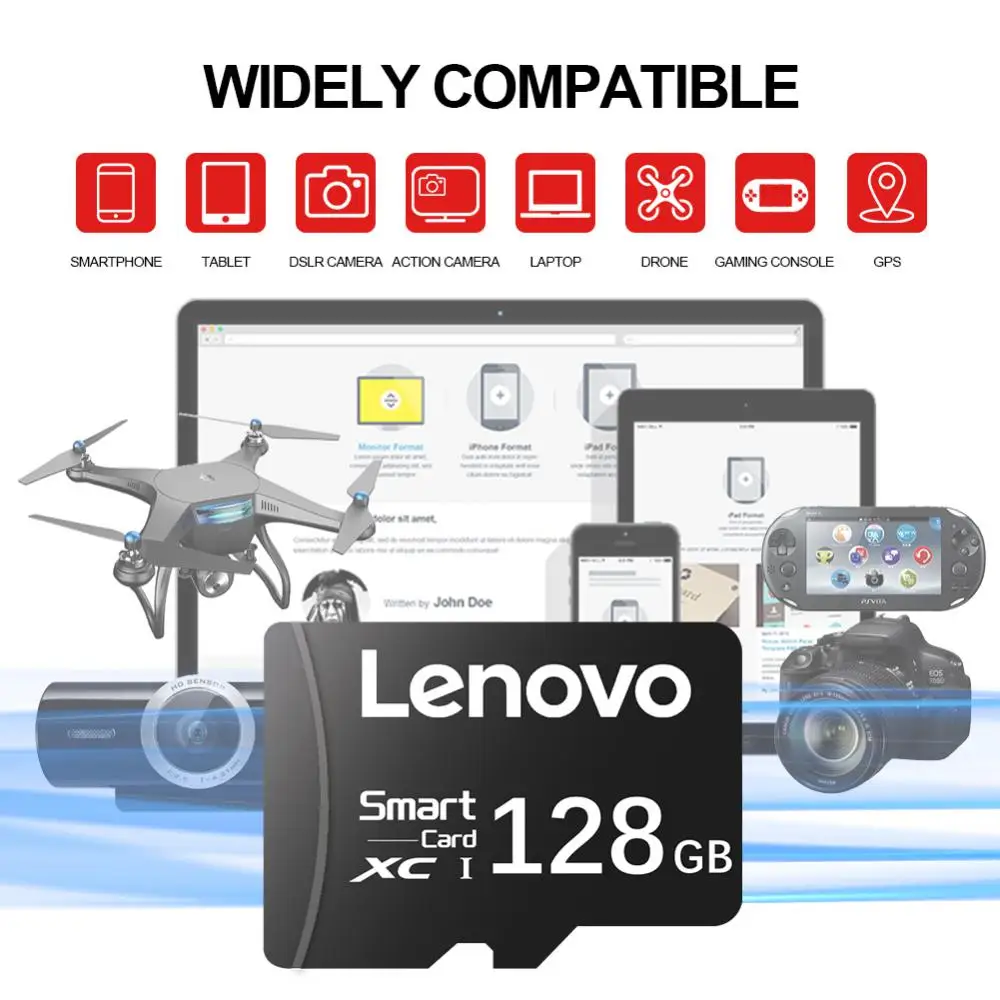 Lenovo kartu memori Smart Class10 2TB, kartu memori 128GB SD merah kecepatan tinggi HC 1TB kapasitas nyata kartu TF mikro USB Flash XC untuk kamera UAV