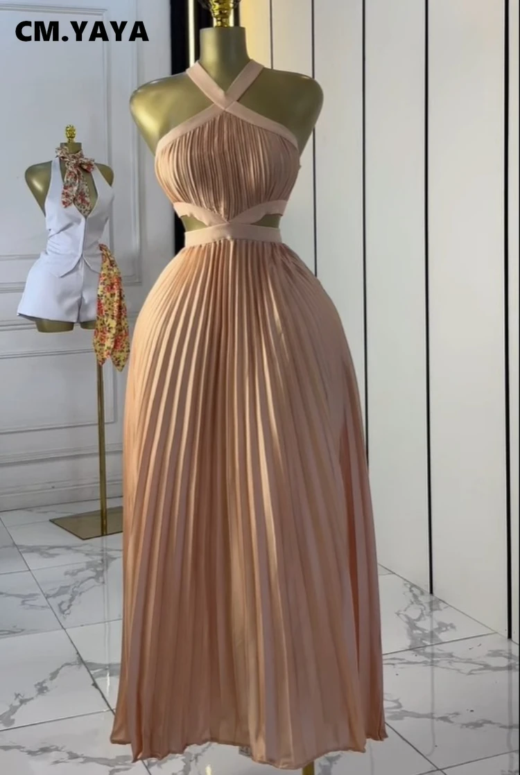 CM.YAYA mujeres Halter cuello sin mangas recortado espalda plisada A-line Maxi vestido largo verano cumpleaños vacaciones playa vacaciones vestidos