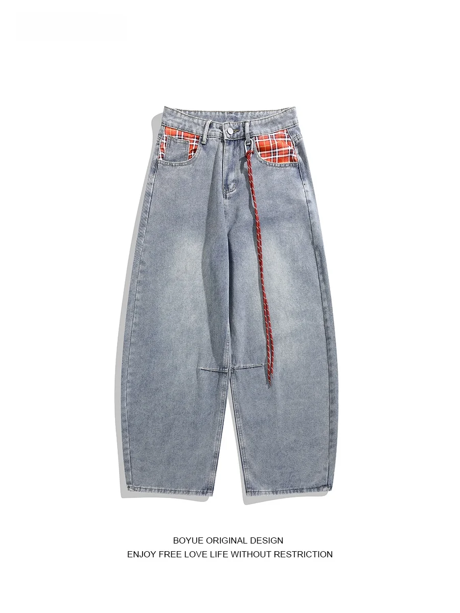 

Boyue Water Waed Plaid ket Splicing Jeans Men's Women's Wide Leg Pants Casual Sle Belt Design Cotton Polyester Blend