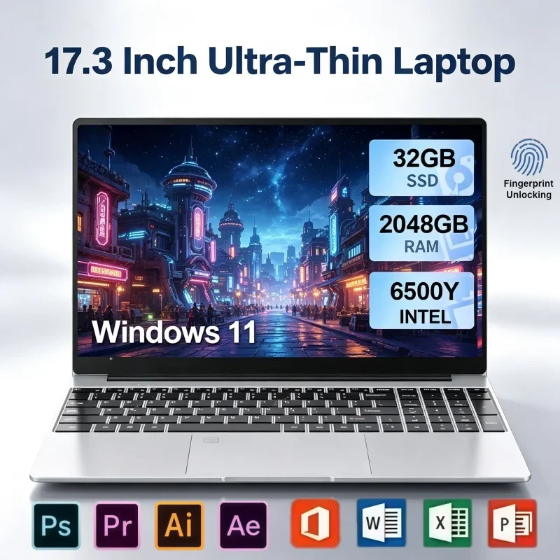 Windows 11 17.3 Inch Laptop Computer Intel 6500Y 32GB RAM 2TB SSD Fingerprint Lock Large Screen Notebook For Multi-tasking Work